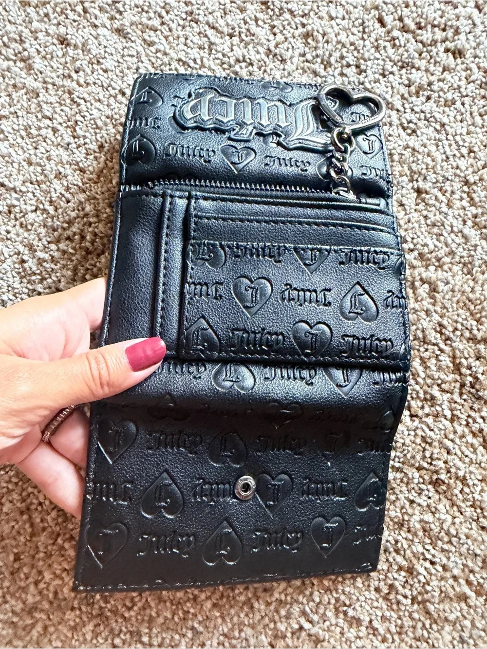 Juicy Couture Black Embossed Heart Wallet Keychain Card Case Silver Hardware